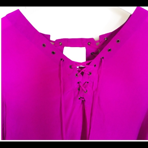 ARYN K (Anthropologie) Lace Up Blouse With 3/4 Length Sleeves Fuschia Pink Sz M - Picture 8 of 12